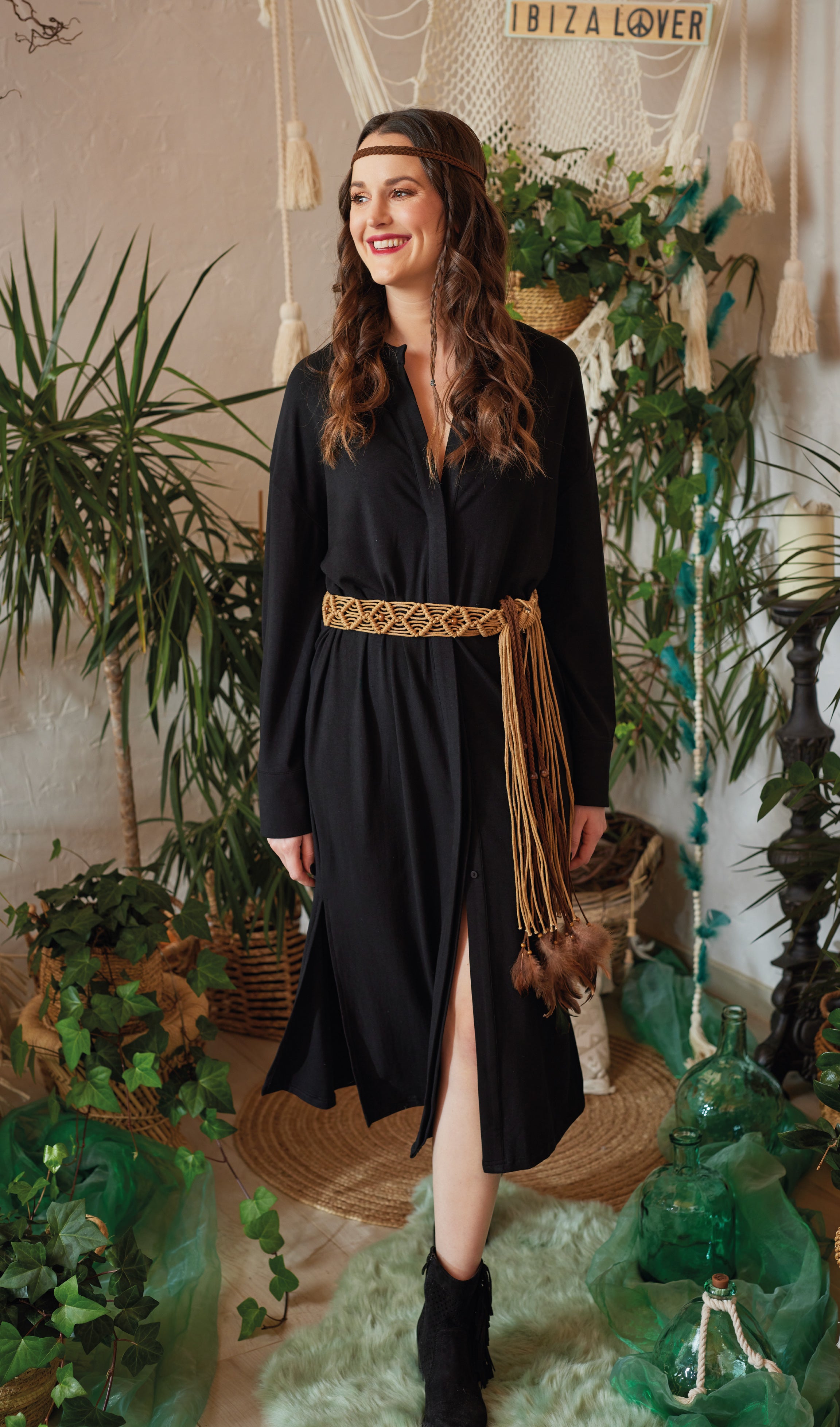 Schwarzes Stretch Midi Kleid von AURA D’AMOR – limitierte Edition, vielseitig tragbar als Kleid, Bluse oder Cardigan, Boho Ibiza Style, One Size Allrounder, elegant & casual kombinierbar
