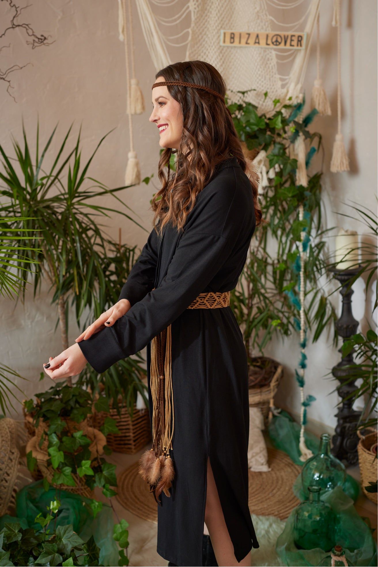 Schwarzes Stretch Midi Kleid von AURA D’AMOR – limitierte Edition, vielseitig tragbar als Kleid, Bluse oder Cardigan, Boho Ibiza Style, One Size Allrounder, elegant & casual kombinierbar