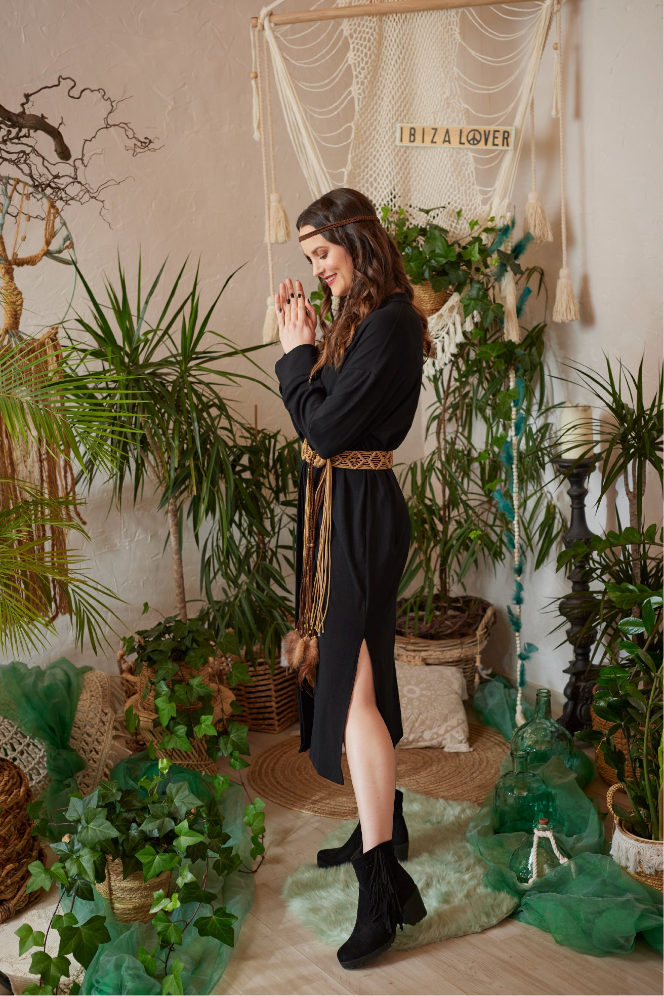 Schwarzes Stretch Midi Kleid von AURA D’AMOR – limitierte Edition, vielseitig tragbar als Kleid, Bluse oder Cardigan, Boho Ibiza Style, One Size Allrounder, elegant & casual kombinierbar