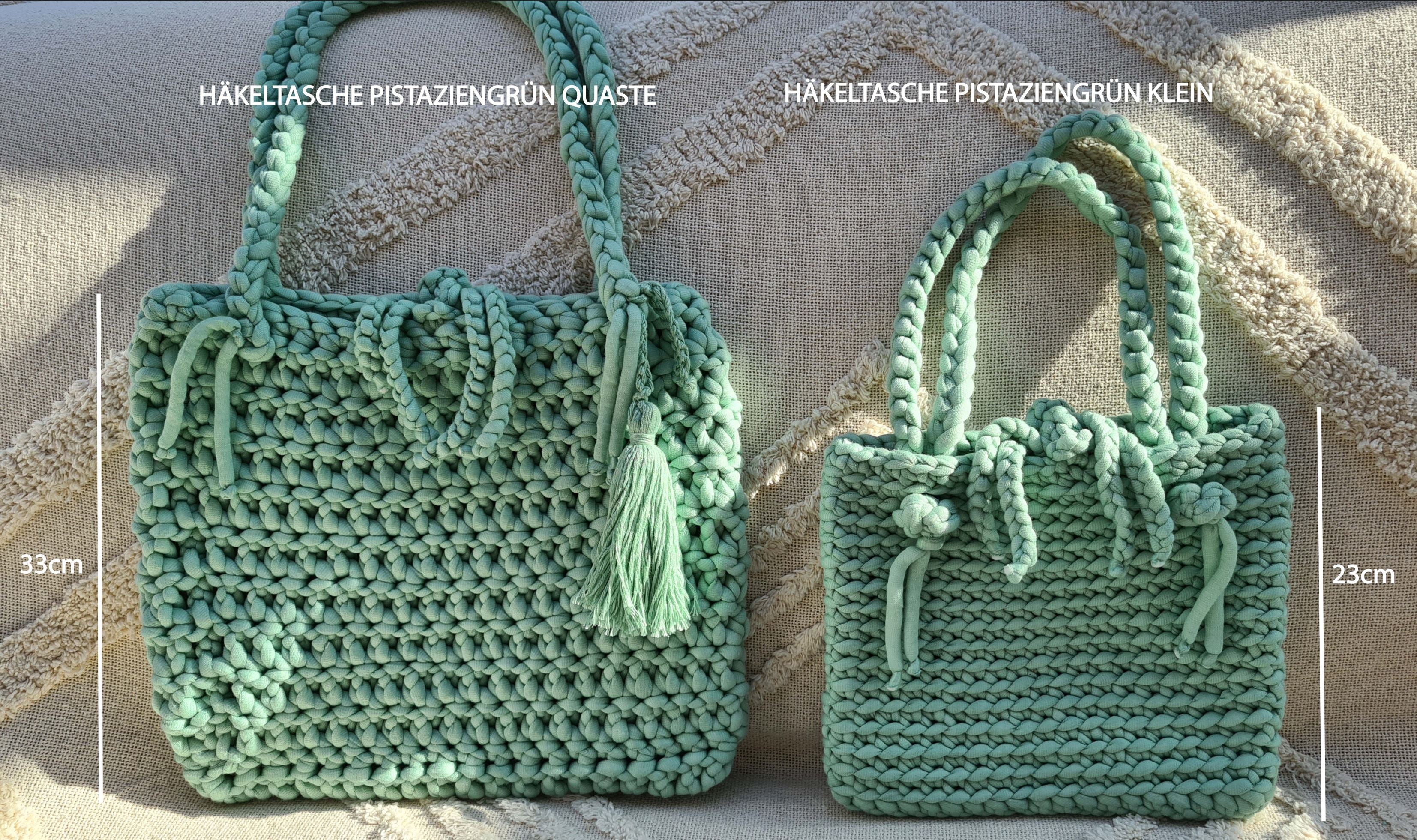 Unikat Damen Häkeltasche - Handtasche handgefertigt im Boho Hippie Ibiza -Stil mit Quaste im trendigen pistaziengrün mint grün. Die perfekte Tasche für Festivals und als Accessoire zu deiner Sommermode.