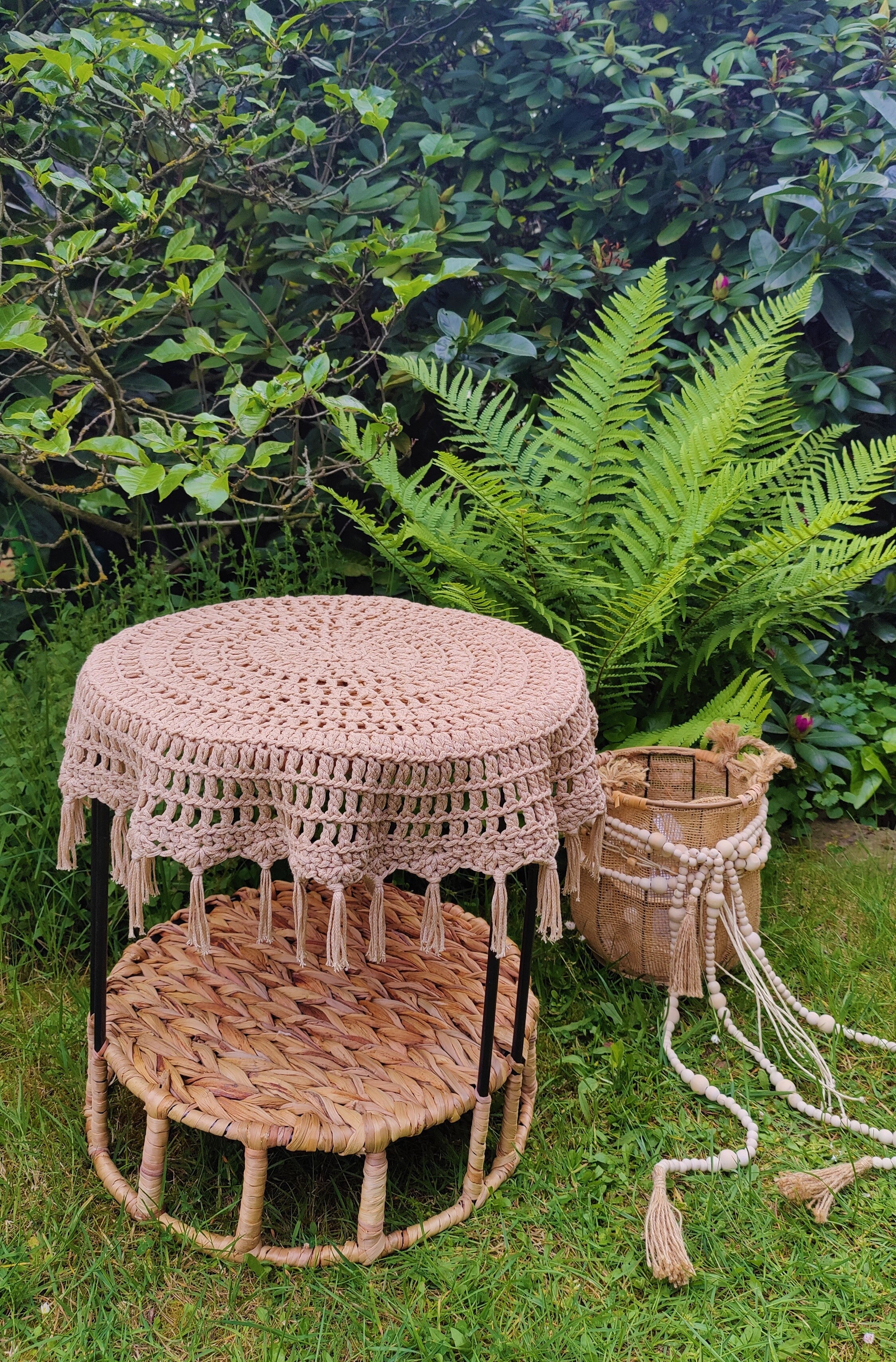 Häkeldecke Tischdecke Fransendecke Boho Deko Naturtöne beige braun