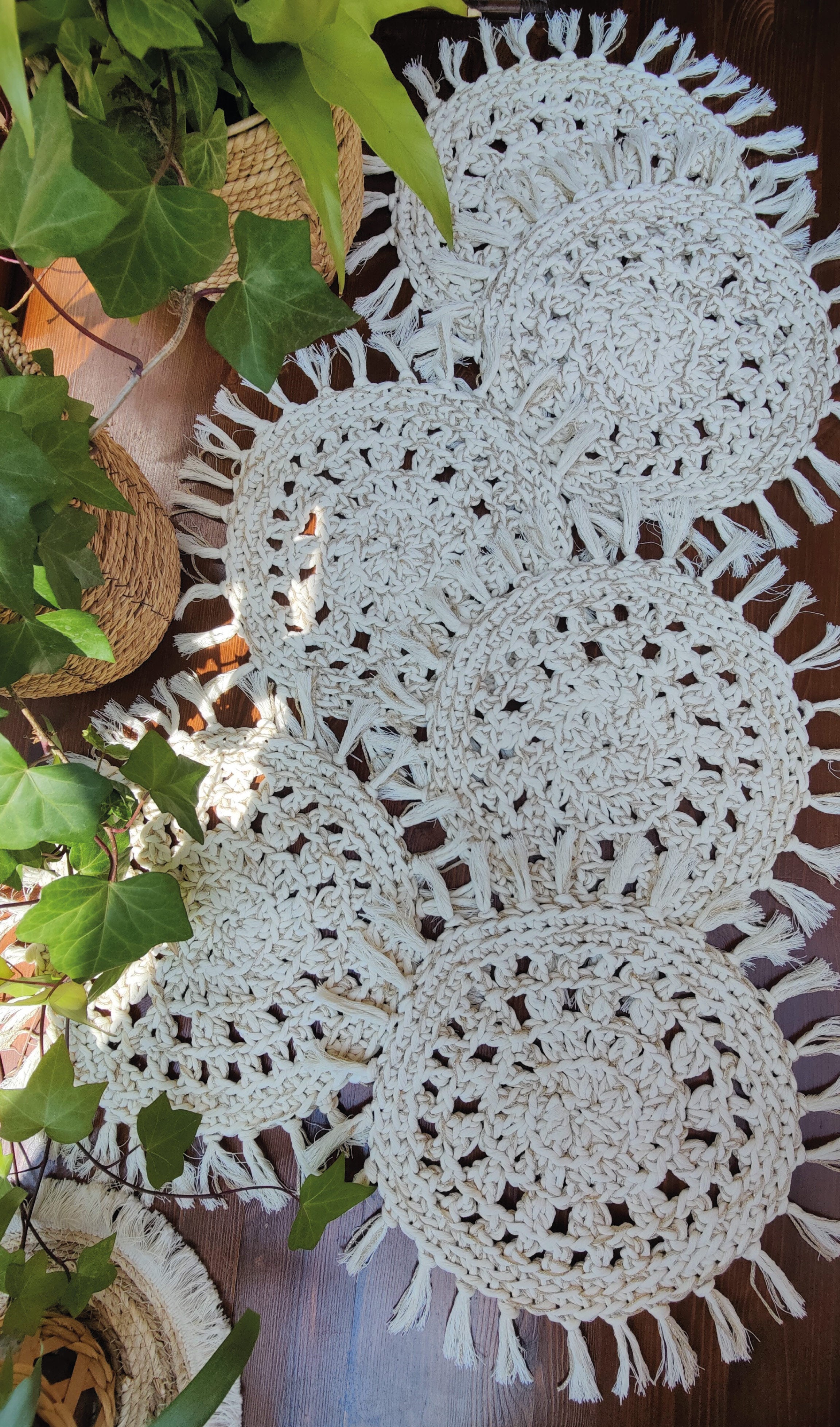 6-er FRANSEN PLATZSET DEKO MAKRAMEE BEIGE METALLIC