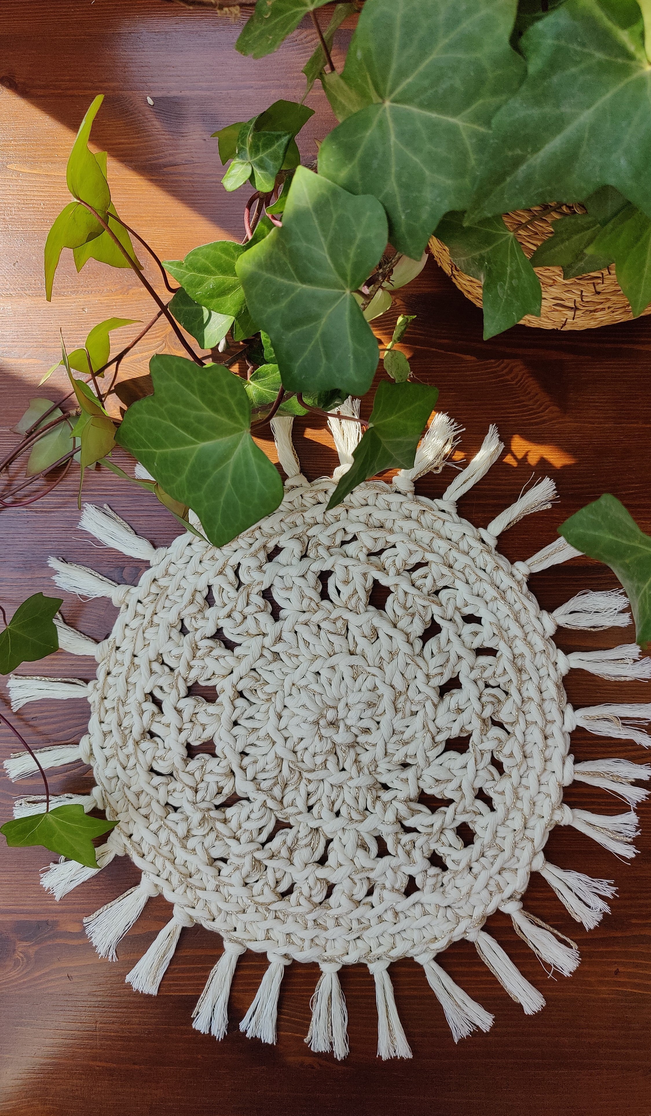 6-er FRANSEN PLATZSET DEKO MAKRAMEE BEIGE METALLIC